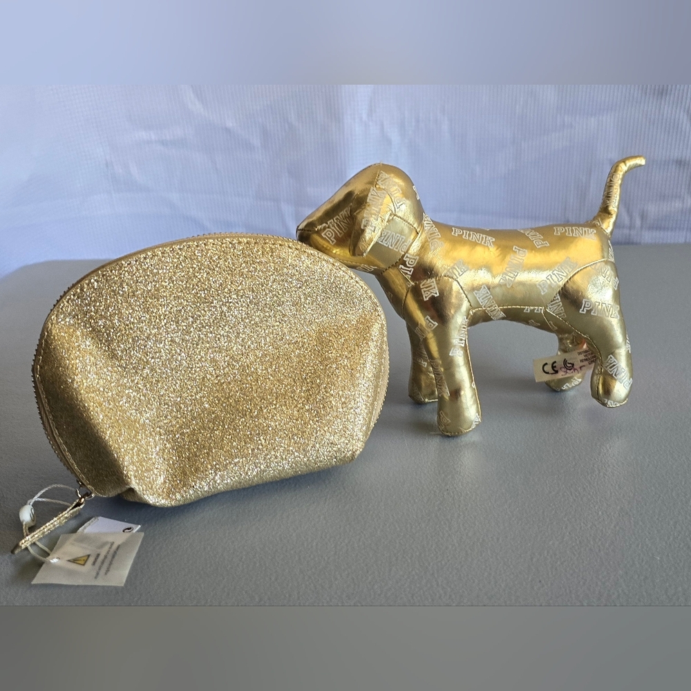 Victoria’s Secret PINK Gold Dog Plush & Glitter Cosmetic Bag NWT